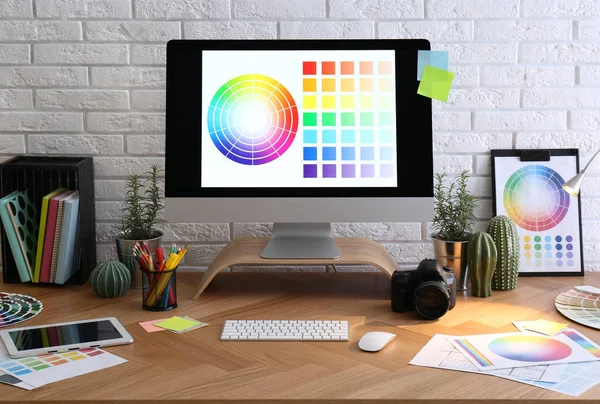 Modern Computer Office Supplies Wooden Table Designer Workplace — Stock Photo, Image