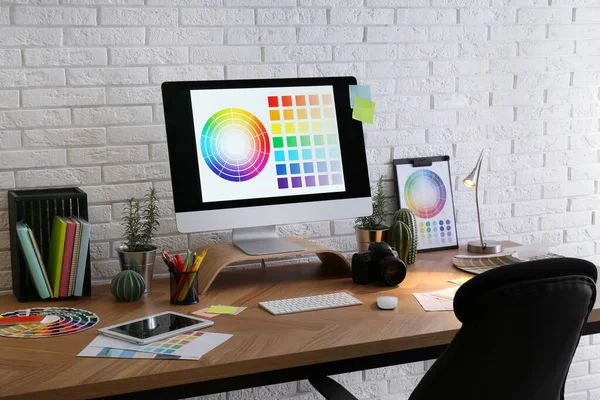 Modern Computer Office Supplies Wooden Table Designer Workplace — Stock Photo, Image