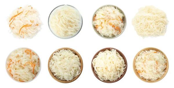 Set Tasty Fermented Cabbage Isolated White Top View — 스톡 사진