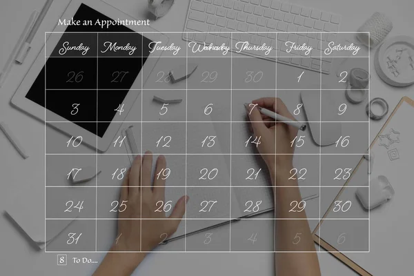 Двойная Экспозиция Календаря Профессионального Дизайнера Работающих Белым Столом Личное Расписание — стоковое фото
