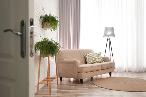 Modernes Bequemes Sofa Stilvollen Wohnbereich — Stockfoto