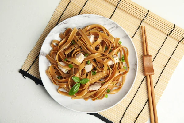Tasty Buckwheat Noodles Meat Served White Table Flat Lay — Stock Photo, Image