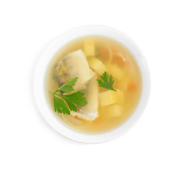 Delicious Fish Soup Bowl Isolated White Top View — Stock Photo, Image
