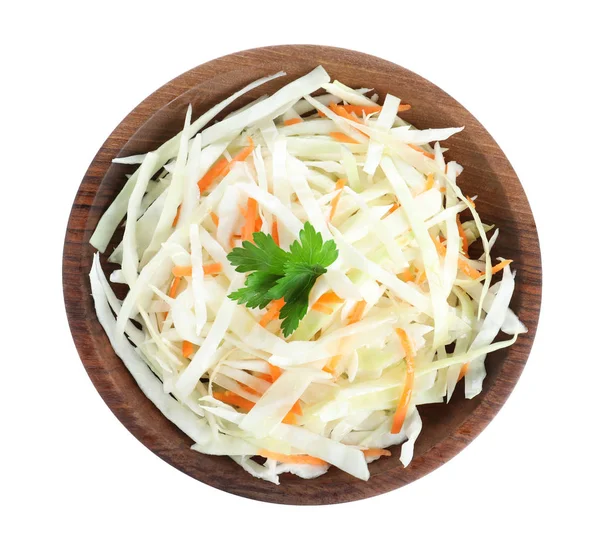 Fresh cabbage salad in bowl isolated on white, top view — Stock Photo, Image