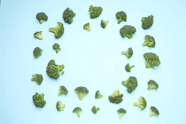Fresh Tasty Broccoli Light Blue Background Flat Lay Space Text — ストック写真