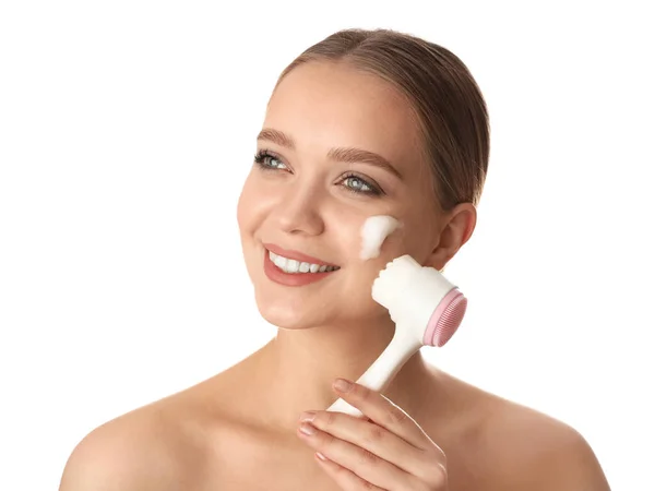 Young Woman Washing Face Brush Cleansing Foam White Background Cosmetic — Stock Photo, Image