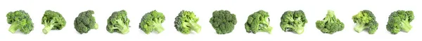 Collage Broccoli Freschi Verdi Isolati Bianco — Foto Stock