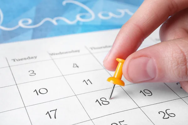 Woman Marking Date Calendar Drawing Pin Closeup — Stock Photo, Image