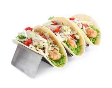 Yummy fish tacos in holder isolated on white clipart