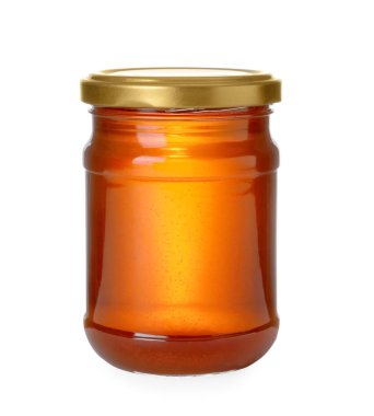 Beyaz üzerine izole edilmiş organik ballı kavanoz.