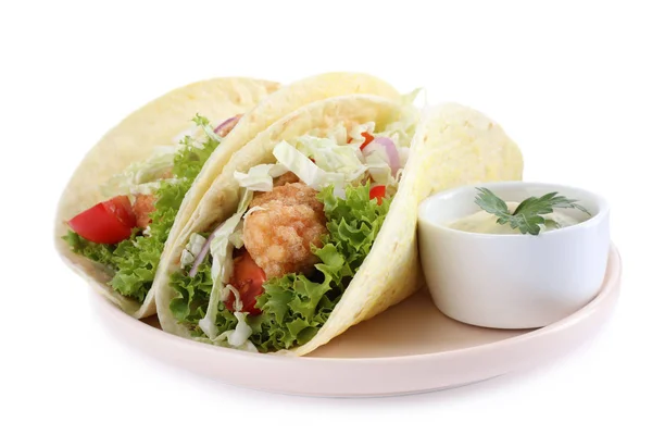 Tacos Peixe Gostoso Com Molho Isolado Branco — Fotografia de Stock