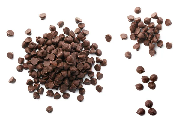 Pile of delicious chocolate chips isolated on white, top view — Stock Photo, Image