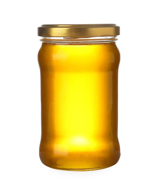 Tarro con miel orgánica aislado en blanco — Foto de Stock