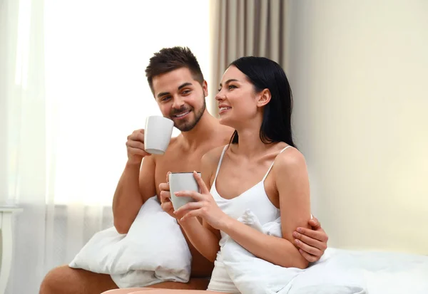 Young Couple White Underwear Drinking Coffee Home — Stock Photo, Image