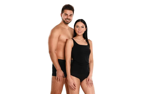 Junges Paar Schwarzer Unterwäsche Auf Weißem Hintergrund — Stockfoto
