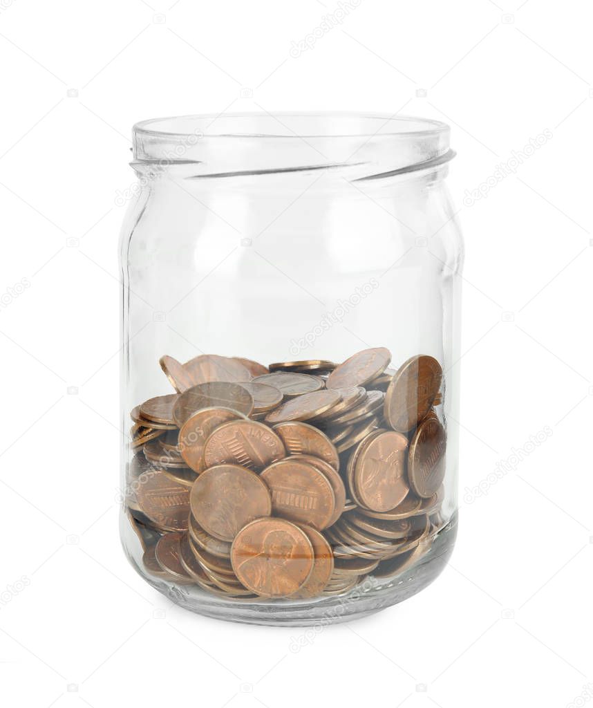 Glass jar with coins isolated on white
