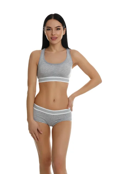 Beautiful Young Woman Grey Sportive Underwear Isolated White — Stock Photo, Image