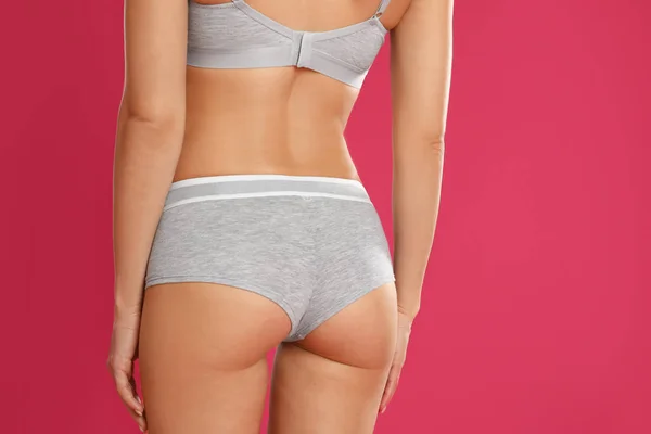 Young Woman Grey Sportive Underwear Pink Background Closeup — 스톡 사진