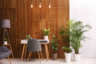 Güzel bitkilerle dolu şık bir oda. Ev tasarımı fikri