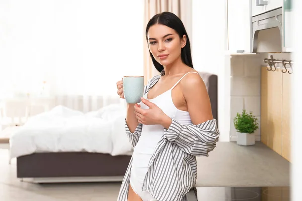 Beautiful Young Woman White Underwear Drinking Coffee Home — 스톡 사진