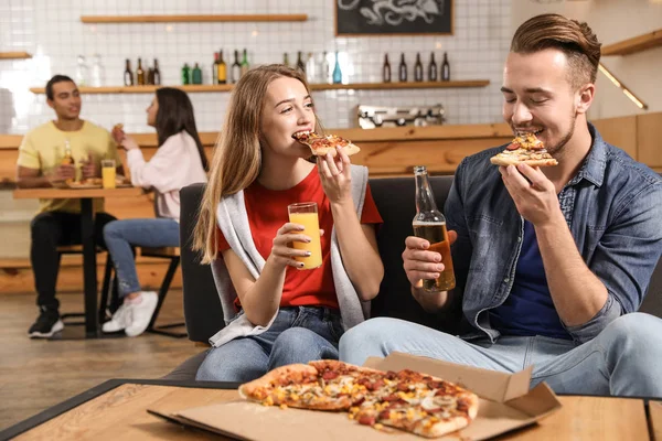 Young Couple Eating Delicious Pizza Cafe — Stock Photo, Image