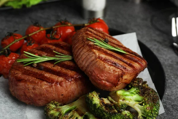 Delicious Beef Medallions Served Grey Table Closeup — Stock Photo, Image