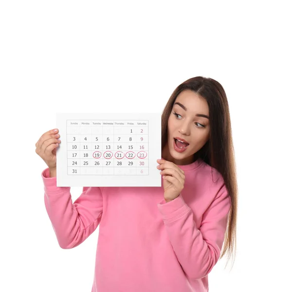 Young Woman Holding Calendar Marked Menstrual Cycle Days Isolated White — Stock Photo, Image