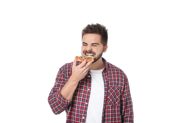 Känslomässig Man Äter Pizza Isolerad Vitt — Stockfoto