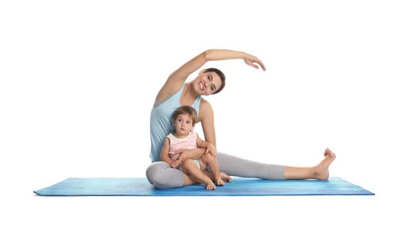 Young Woman Doing Exercise Her Son Isolated White Time Fitness — Stock Photo, Image