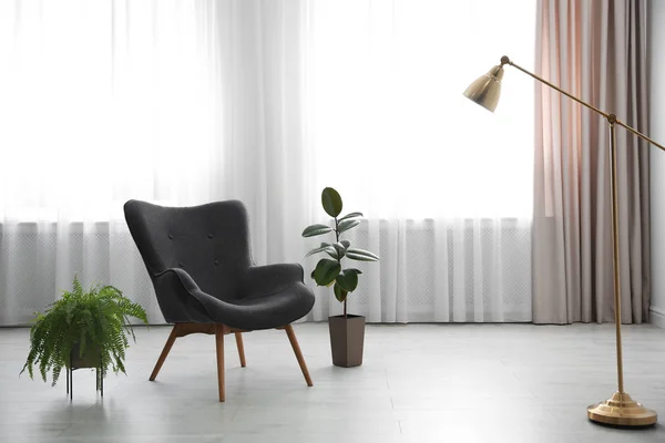 Plantes vertes et fauteuil près de la fenêtre. Idées de design maison — Photo
