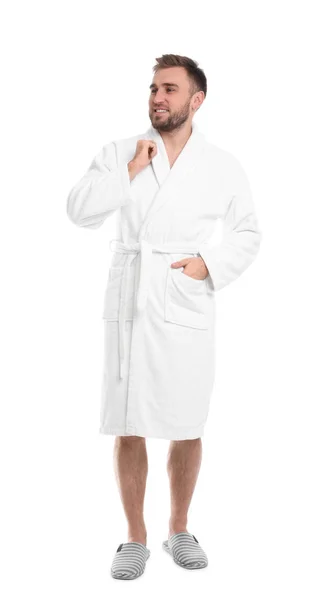 Handsome man wearing bathrobe on white background — Stock Photo, Image