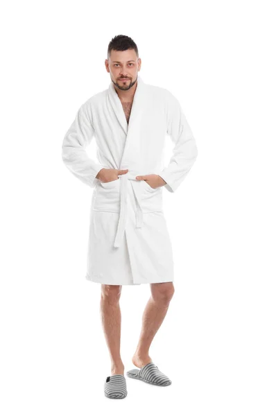 Knappe man met badjas op witte achtergrond — Stockfoto