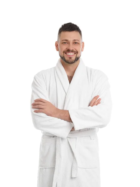 Stilig man bär badrock på vit bakgrund — Stockfoto