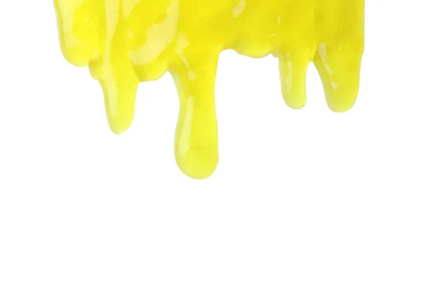 Tekoucí Žlutý Sliz Bílém Pozadí Antistresová Hračka — Stock fotografie