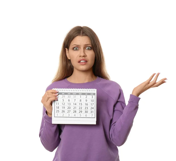 Эмоциональная Молодая Женщина Проводит Календарь Отмеченными Днями Менструального Цикла Белом — стоковое фото