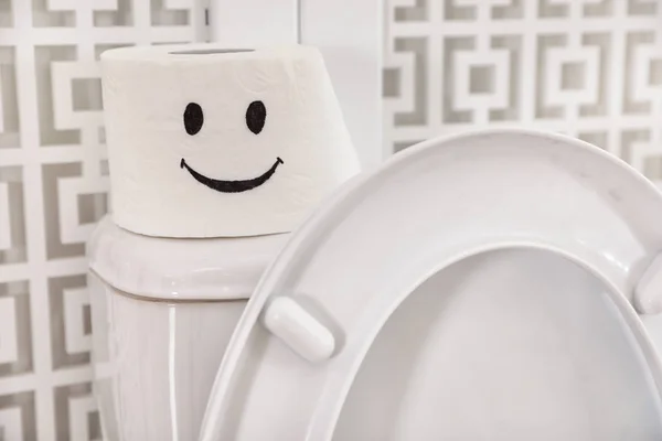 Roll Paper Αστείο Πρόσωπο Στην Τουαλέτα Δεξαμενή Στο Μπάνιο Closeup — Φωτογραφία Αρχείου