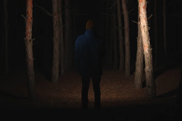 Человек Ярким Фонариком Лесу Ночью — стоковое фото