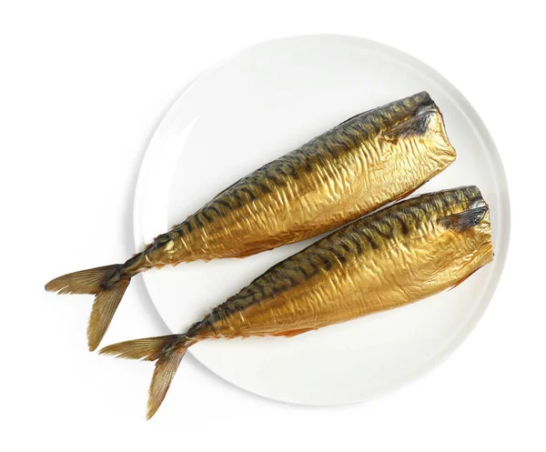 Assiette Avec Poisson Fumé Isolé Sur Fond Blanc Vue Dessus — Photo