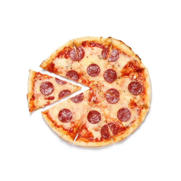 Pizza Pepperoni Deliciosa Caliente Sobre Fondo Blanco Vista Superior — Foto de Stock