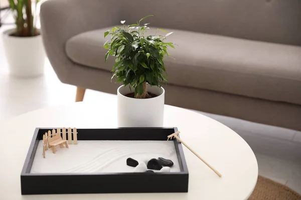 Hermoso Jardín Zen Miniatura Sobre Mesa Blanca Interior — Foto de Stock