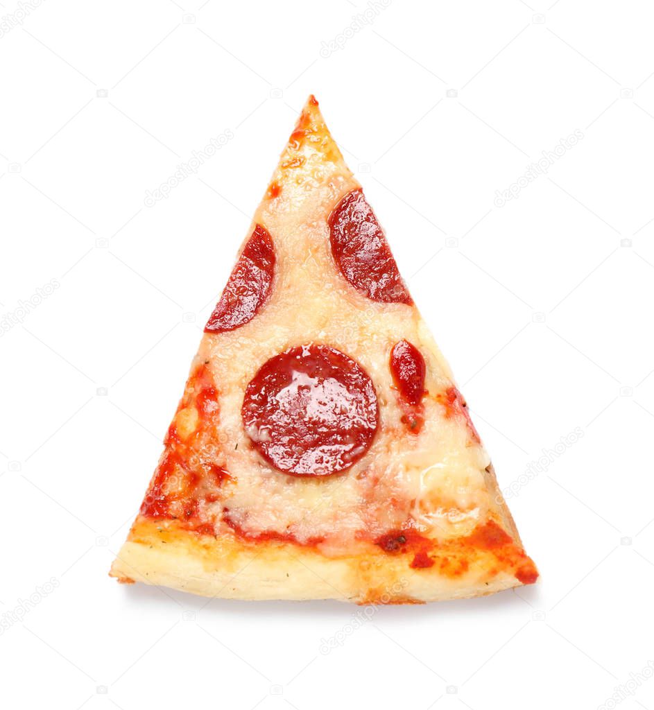 Slice of hot delicious pepperoni pizza on white background, top view