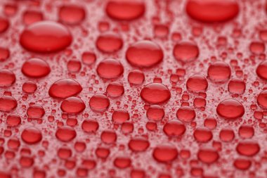 Kırmızı arkaplanda su damlaları, yakın plan görünümü