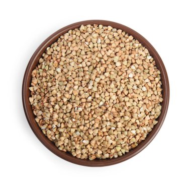 Kabın içindeki yeşil karabuğday beyazda izole, üst manzara