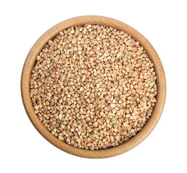 Kabın içindeki yeşil karabuğday beyazda izole, üst manzara