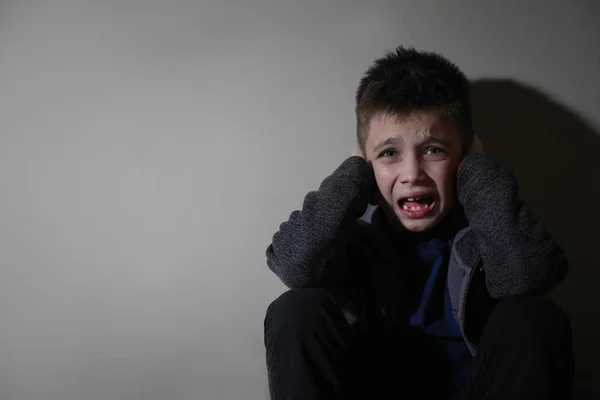 Scared Little Boy Beige Wall Space Text Domestic Violence Concept — Stock Photo, Image