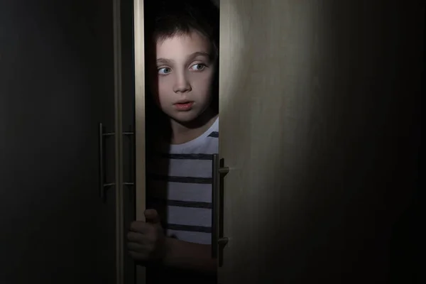 Scared Little Boy Hiding Wardrobe Domestic Violence Concept — Stock Photo, Image