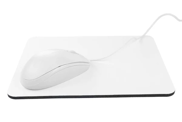 Modern wired optical mouse and pad isolated on white — Stock Photo, Image