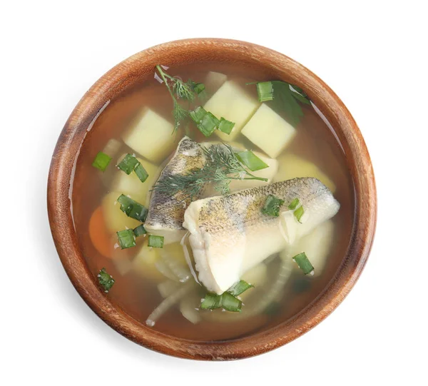Sopa de peixe deliciosa em tigela isolada em branco, vista superior — Fotografia de Stock