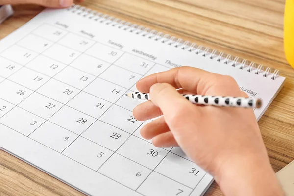 Woman Calendar Wooden Table Office Closeup — Stock Photo, Image