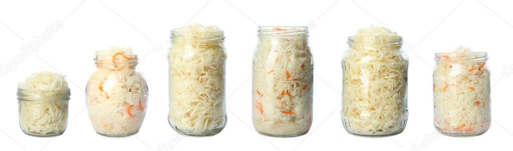 Set of tasty fermented cabbage isolated on white